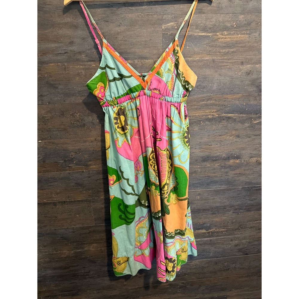 Urban Heritage Women Floral Sun Dress Pink Green Empire Waist Ruffle Hem Small